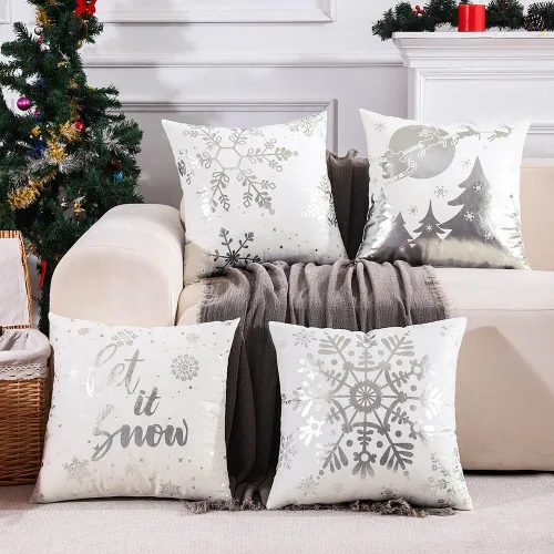 Miniatura 2 de JOJOGOGO Juego de 4 fundas de almohada navideñas plateadas y blancas de 18 x 18 pulgadas, juego de 4 almohadas decorativas de copo de nieve Let It