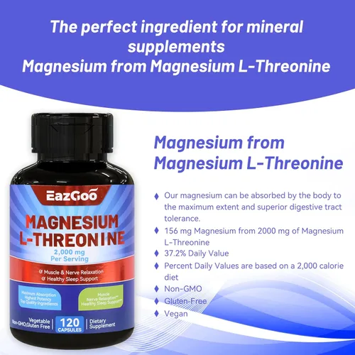 Miniatura 6 de Suplemento de magnesio L-treonina, suplemento de magnesio mineral, L-treonina de magnesio 2000 mg, 240 cápsulas
