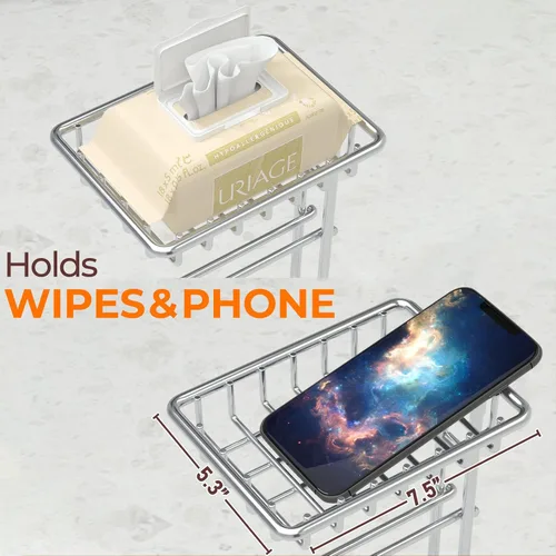 Miniatura 6 de Portarrollos de papel higiénico TreeLen con estante para almacenamiento en el baño, soporte para teléfono, toalla y mega rollos, cromo brillante