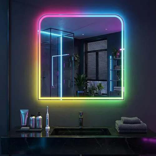 Antok Espejo LED de baño, espejo LED con luces para baño, espejos de tocador iluminados para pared, antivaho, regulable, vidrio templado, función de
