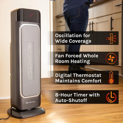 Miniatura 4 de Comfort Zone Calentador eléctrico de torre digital oscilante de 24 pulgadas con control remoto de función completa, termostato ajustable