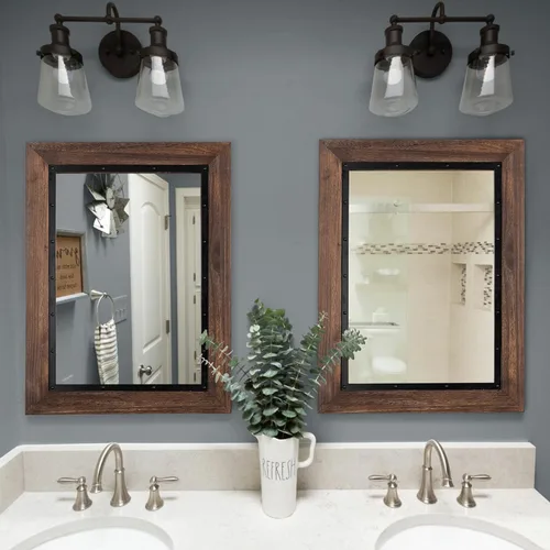 Miniatura 5 de YOSHOOT Espejo de pared con marco de madera rústica, 26 x 18 pulgadas, espejo de tocador de baño de madera natural y hierro para decoración de Marrón