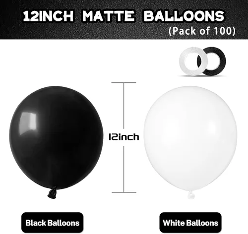 Miniatura 2 de 100 globos blancos y negros de látex gruesos de 12 pulgadas para decoraciones de cumpleaños, bodas, fiestas de graduación (globo blanco negro)