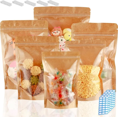 Paquete de 150 bolsas de papel kraft con ventana de 8x12, bolsas de Mylar grandes con cierre y base para almacenamiento de alimentos, bolsa