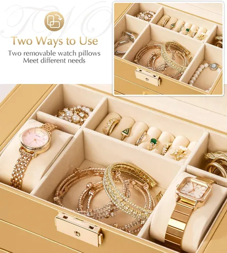 Miniatura 67 de Homde Regalos de Navidad de cuero sintético, enorme joyero, organizador de reloj con espejo, collar, anillo y aretes, estuche de regalo con Dorado