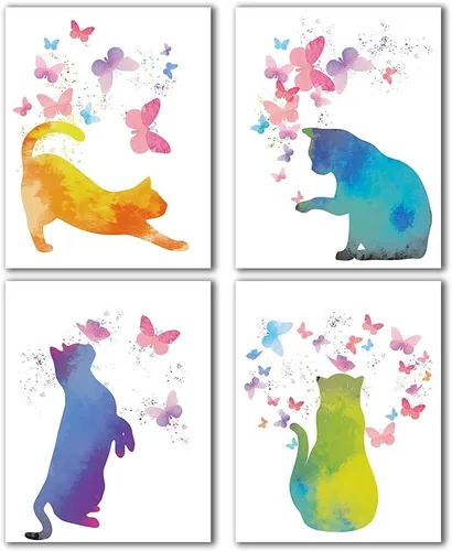 Póster artístico de pared de acuarela con diseño de mariposas coloridas, regalos para amantes de los gatos, pintura para habitación de niñas, póster