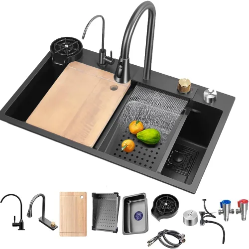 ARTLINE Fregadero de cocina negro de un solo tazón, fregadero de cascada de acero inoxidable, fregadero de bar con lavaplatos, fregadero de estación