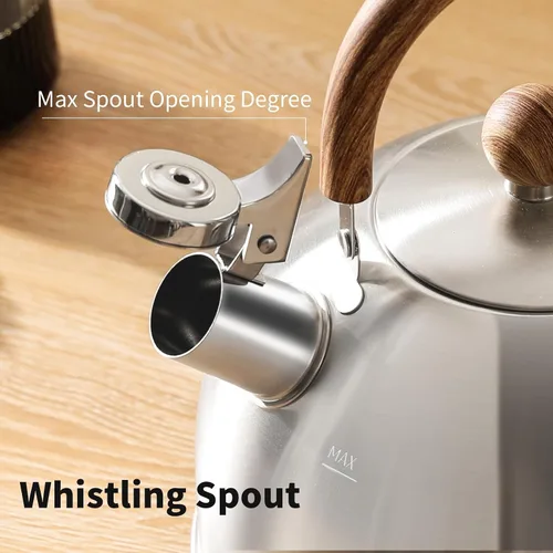 Miniatura 7 de Hervidor de té de acero inoxidable 18/8 para estufa (2L / 2.1 cuartos, tetera silbante, mango de madera) - Plateado