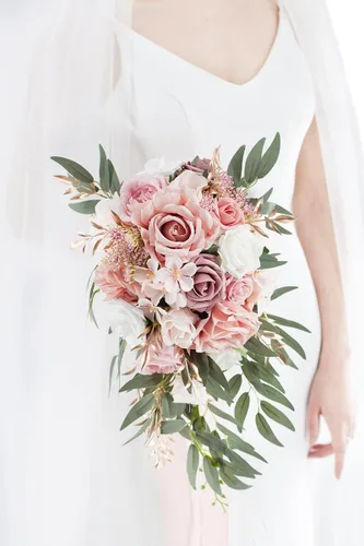 Miniatura 2 de Ansofi Ramos de boda de rosas polvorientas de 9 pulgadas para novia, ramo de novia en cascada para novia, rosas artificiales de seda, ramo de flores
