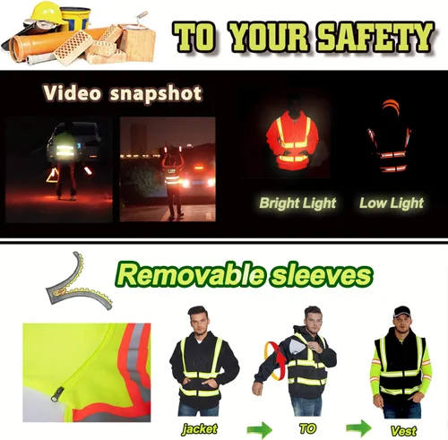 Miniatura 2 de Hi Vis - Sudadera de seguridad con capucha y manga extraíble, forro polar de alta visibilidad, chaqueta de trabajo Negro - Estilo 4