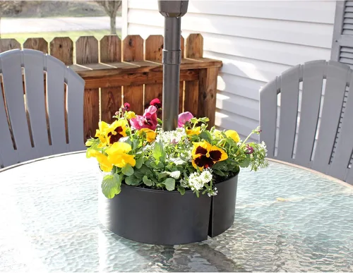 Miniatura 3 de AuldHome Design Maceta de sombrilla para mesa de patio con agujero para sombrilla (negro), macetas esmaltadas de medio círculo