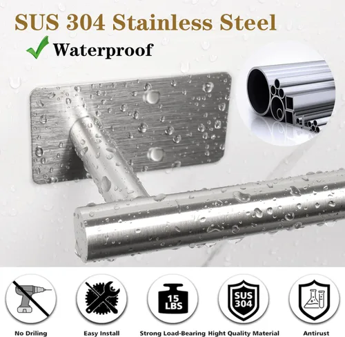 Miniatura 4 de Barra de toalla de baño autoadhesiva, toalleros de acero inoxidable para baño sin perforaciones, resistentes y antioxidantes, adhesivo en la pared