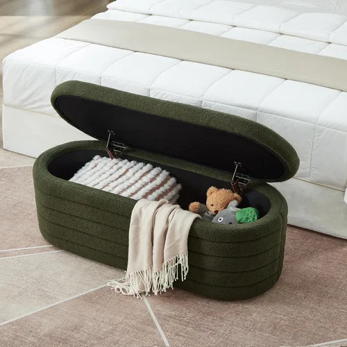 Miniatura 3 de Setawix Banco de almacenamiento de peluche verde para el extremo de la cama, banco de almacenamiento ovalado copetudo con canal, banco de asiento
