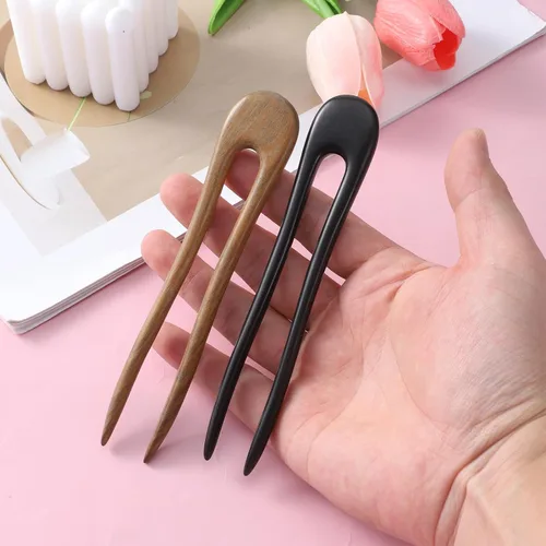 Miniatura 5 de Paquete de 2 horquillas en forma de U con dos puntas para moños, tenedores de madera para el pelo, horquillas de pelo francés, tenedor de madera
