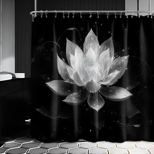 Miniatura 64 de Cortina de ducha con flores de loto negro y azul para decoración de baño, juego de cortinas decorativas de baño con estampado floral, tela