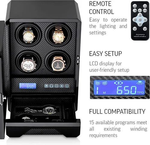 Miniatura 5 de 4 bobinas automáticas para relojes con cajón de almacenamiento retroiluminación LED y mando a distancia
