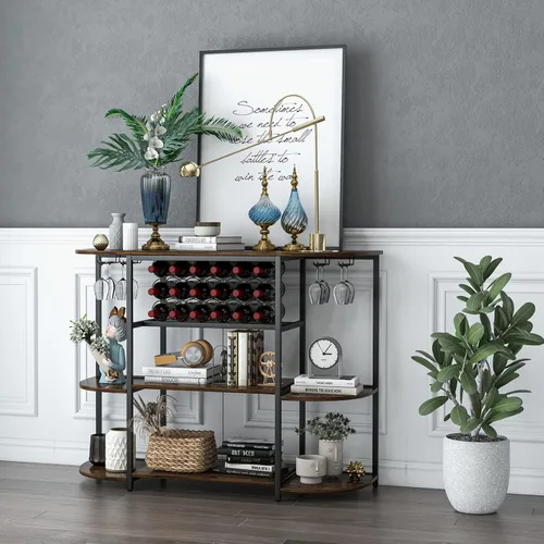 Miniatura 5 de LOKO Mesa de estante para vinos, gabinete industrial de bar de vino de 47 pulgadas con estante para vino y soportes para vidrio, gabinete