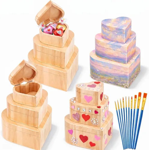 Miniatura 8 de Taiyin Caja de madera de corazón sin terminar de 12 piezas con 10 pinceles de arte, cofre del tesoro de madera sin pintar, caja de pino natural