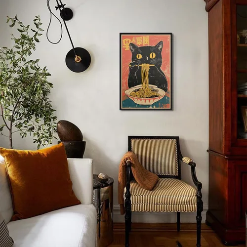 Miniatura 4 de Arte de pared vintage de gato japonés en lona, póster de gato negro peculiar comiendo ramen, impresión de arte retro de animales divertidos
