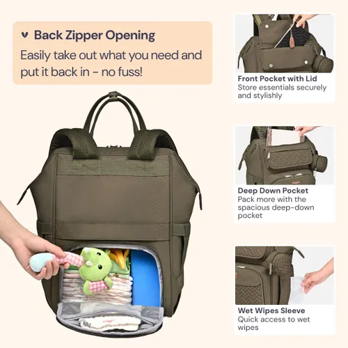 Miniatura 5 de BabbleRoo Mochila para pañales, bolsa cambiadora de pañales multifunción con cambiador, correas para cochecito y funda para chupete, mochila