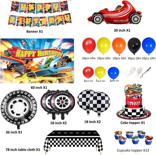 Miniatura 2 de Hot Race Cars - Kit de decoración de fiesta de cumpleaños con ruedas, incluye telón de fondo, bandera, arco de guirnalda de globos, mantel