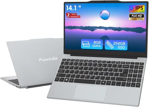 Auusda Laptop FHD de 14.1" para estudio y negocios, CPU de 4 núcleos N5095 hasta 2.9 GHz, 8 GB de RAM 256 GB SSD, teclado numérico, puerto HDMI,