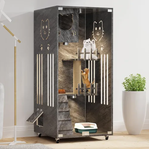 Miniatura 6 de Casa de Madera para Gatos de Gran Espacio, Condominio Cerrado para Gatos, Recinto para Gatos Interior/Exterior con Ruedas, Villa de Lujo