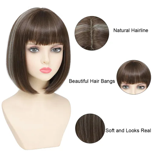 Miniatura 4 de Peluca Bob Marrón Ceniza con Flequillo, Peluca Corta y Lisa para Mujeres y Niñas, 12 Pulgadas, Resistente al Calor, Peluca de Cabello Bob Sintético