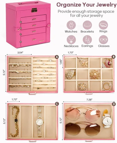 Miniatura 48 de Homde Regalos de Navidad de cuero sintético, enorme joyero, organizador de reloj con espejo, collar, anillo y aretes, estuche de regalo con Dorado