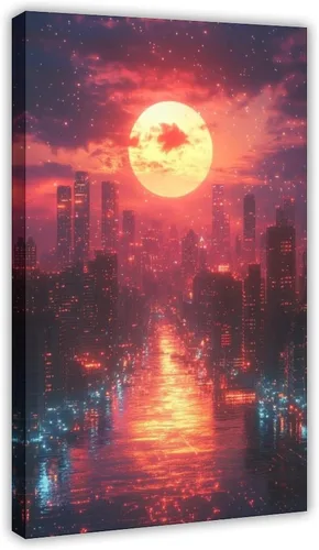 Vaporwave Cityscape Wall Art – Retro Futuristic Synthwave Poster for Gaming Room Decor Vintage Wall Decoration Famous Oil Paintings for Living Room