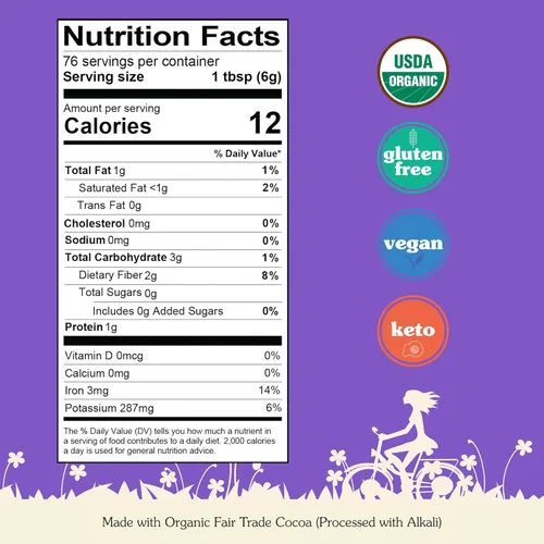 Miniatura 2 de NuNaturals Cacao en polvo orgánico de comercio justo sin azúcar, proceso holandés premium para beber y hornear, 1 libra