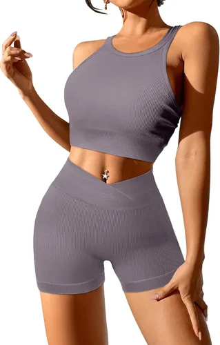 Miniatura 2 de JZC Conjuntos de entrenamiento para mujer, 2 piezas, acanalados, sin costuras, pantalones cortos de cintura alta, trajes de yoga