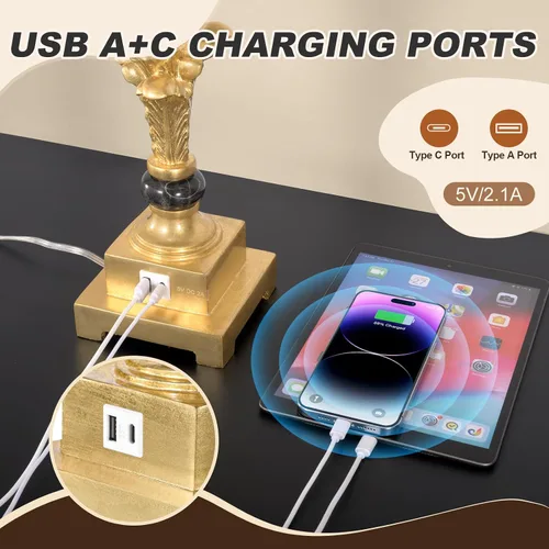 Miniatura 4 de Juego de 2 lámparas de mesa para sala de estar, lámparas táctiles regulables de 3 vías con puertos USB A+C, acabado en hoja de oro, lámparas