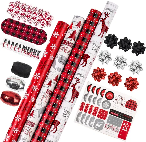 Miniatura 14 de WRAPAHOLIC Rollo de papel de regalo de Navidad de 30 pulgadas - Rollo jumbo rojo, verde y rosa de gnomo de Navidad y elfo festivo, colección de 4