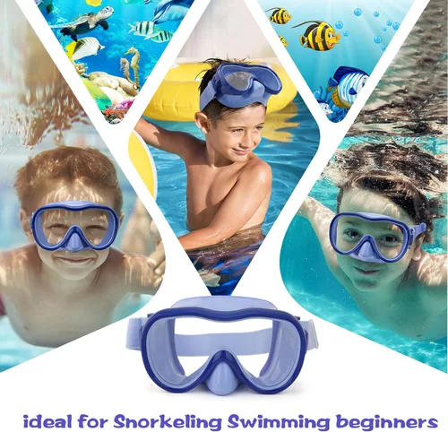 Miniatura 8 de Máscara de snorkel para niños, máscara de buceo de 180° con cubierta para la nariz, gafas de natación antiniebla para niños con correa de tela Azul