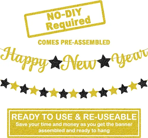 Miniatura 4 de KatchOn, Cartel de Feliz Año Nuevo pre-encordado – 10 pies, NO DIY, decoraciones doradas de la víspera de feliz Cartel de decoración de fiesta