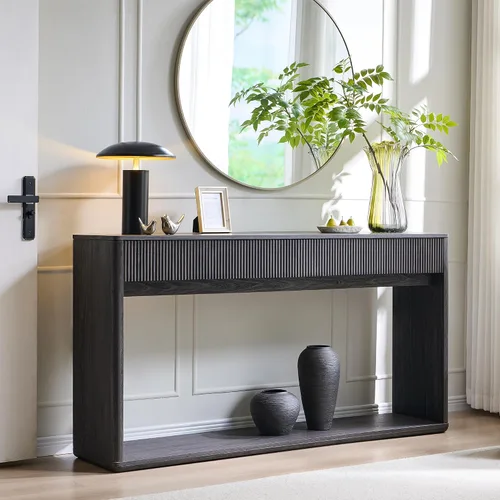 Miniatura 9 de OKD Mesa consola acanalada de 63 pulgadas para entrada, mesa de entrada moderna con 2 cajones grandes, mesa de sofá larga detrás del sofá para sala