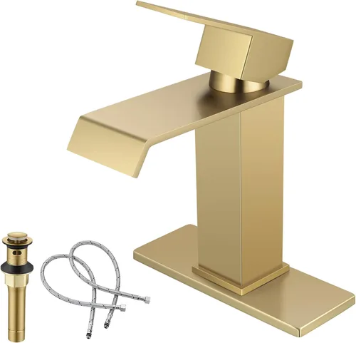 Miniatura 9 de Grifo de Lavabo Negro y Dorado, Grifo de Baño Alto de Un Solo Agujero, Hecho de Acero Inoxidable SUS304 Moderno, Incluye Drenaje Desplegable