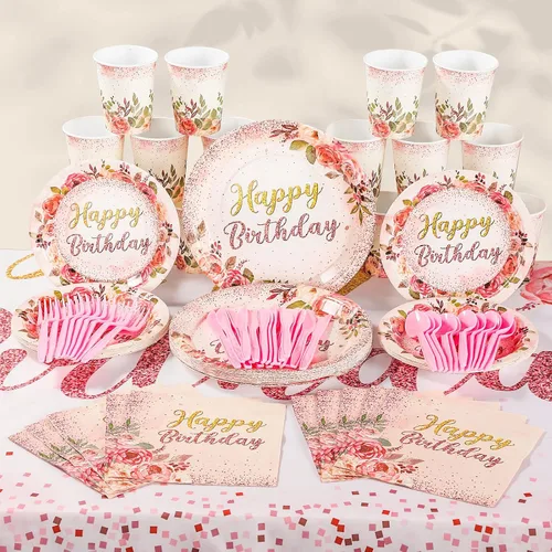 Miniatura 5 de Roshtia 175 piezas de suministros florales para fiesta, sirven a 25 invitados, juegos de vajilla de rosa de feliz cumpleaños para adultos y mujeres