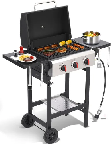 Parrilla de gas propano con mesas laterales plegables, parrilla de gas de 3 quemadores con rejillas de hierro fundido y parrilla de acero