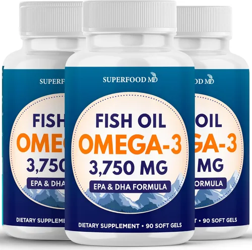 Aceite de pescado Omega 3 Triple Strength 3750 mg - EPA y DHA - Más de 3000 mg de ácidos grasos omega-3 - 1350 mg EPA + 900 mg DHA - Los mejores