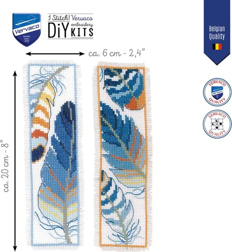 Miniatura 2 de Vervaco Juego de marcapáginas de punto de cruz con plumas azules (juego de 2) de 2.4 x 8 pulgadas