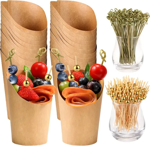 Miniatura 3 de CockStixs 100 tazas de embutidos de 12 onzas con brochetas de bambú, soporte de papel desechable para aperitivos, color marrón con púas de cóctel