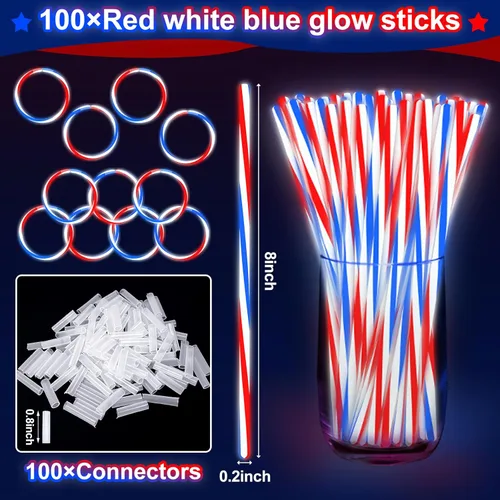 Miniatura 2 de 100 varillas luminosas para el 250 aniversario del 4 de julio a granel con conectores, rojo, blanco y azul, 3 colores en 1 que brillan