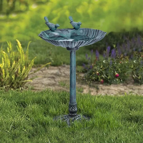 Westcharm Bebedero para Pájaros de 29 Pulgadas, Ligero, de Resina Poli Verde Verdigris para Exteriores con Pájaros Decorativos y Base de Pedestal -