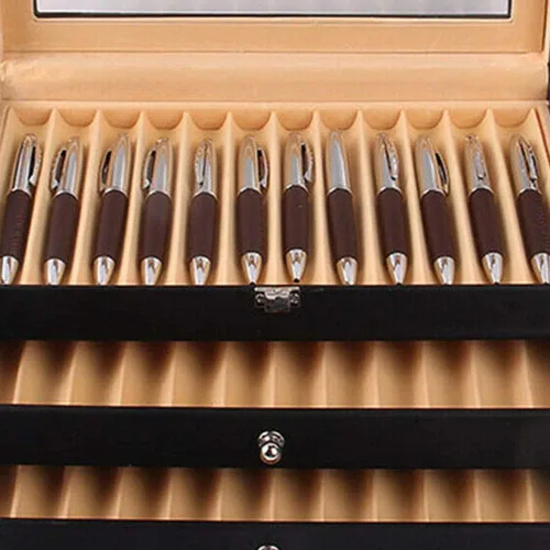 Miniatura 6 de Caja organizadora de bolígrafos de franela de cuero negro de 36 piezas, caja organizadora de bolígrafos de vidrio con tapa, vitrina de cristal