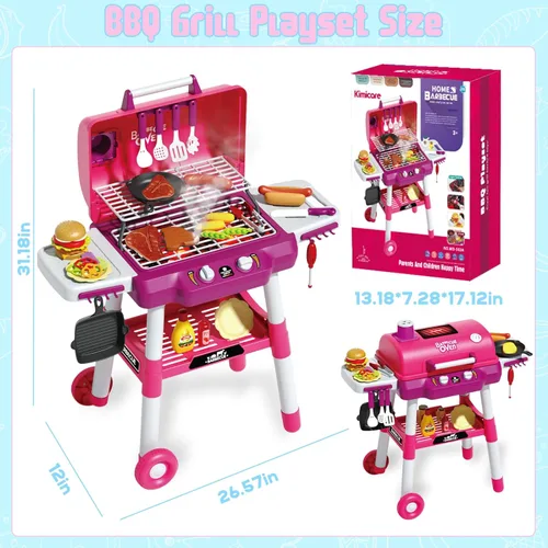 Miniatura 6 de Parrilla de juguete para niños, juego de parrilla de barbacoa con luz y sonido, efecto de humo y 2 ruedas, comida de juguete, accesorios de cocina