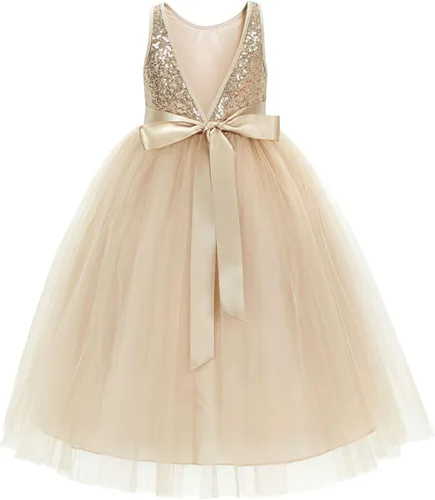 ekidsbridal Vestido de niña de flores con espalda en V y lentejuelas para niña, vestido de princesa para novia, vestido diario LG1