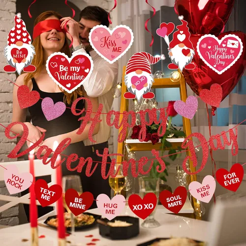 Miniatura 2 de Cartel rojo de feliz día de San Valentín y decoración de remolinos de corazón colgante de San Valentín para decoración de fiesta de feliz día de San