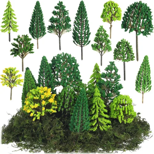 Miniatura 6 de Tigeen 28 piezas de árboles modelo mixto con 1.4 onzas de musgo verde sintético, decoración de tren de árbol, arquitectura de paisaje
